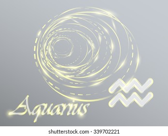 Gold zodiac sign with golden spirals on a gray background