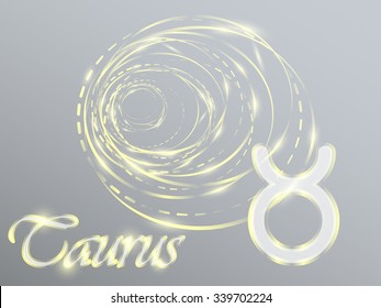 Gold zodiac sign with golden spirals on a gray background