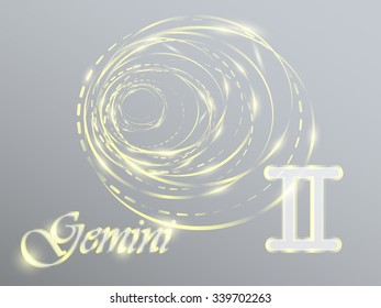 Gold zodiac sign with golden spirals on a gray background