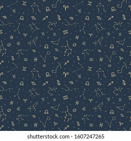 Gold zodiac symbols and Constellation star seamless pattern vector astrology theme background