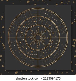 Gold Zodiac wheel on dark square background. Astrological constellation wheel, zodiac horoscope signs, mystical natal chart, wheel sky zodiac map. Vector illustration