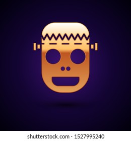 Gold Zombie mask icon isolated on dark blue background. Happy Halloween party.  Vector Illustration