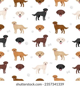 Goldador seamless pattern. Golden retriever Labrador mix. Different coat colors set.  Vector illustration