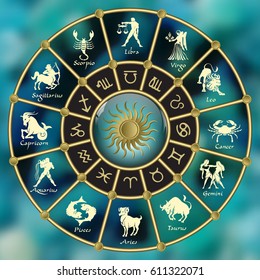 Gold-blue horoscope circle.Circle with signs of zodiac.Vector illustration