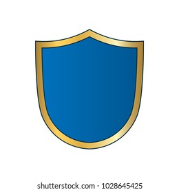 Gold-blue shield shape icon. Bright logo emblem metallic sign isolated on white background. Empty shape shield. Symbol of security, protection, defense. Shiny element design Vector illustration