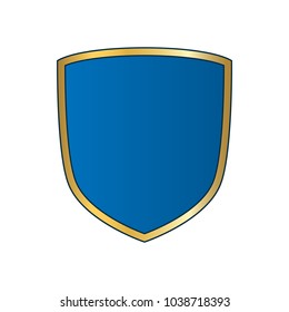 Gold-blue shield shape icon. Bright logo emblem metallic sign isolated on white background. Empty shape shield. Symbol of security, protection, defense. Shiny element design Vector illustration