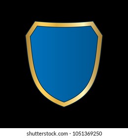 Gold-blue shield shape icon. Bright logo emblem metallic sign isolated on black background. Empty shape shield. Symbol of security, protection, defense. Shiny element design Vector illustration
