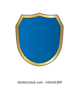 Gold-blue shield shape icon. Bright logo emblem metallic sign isolated on white background. Empty shape shield. Symbol of security, protection, defense. Shiny element design Vector illustration