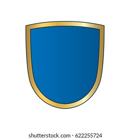 Gold-blue shield shape icon. Bright logo emblem metallic sign isolated on white background. Empty shape shield. Symbol of security, protection, defense. Vector illustration