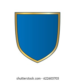 Gold-blue shield shape icon. Bright logo emblem sign, isolated on white background. Empty shape shield. Symbol of security, protection, defense. Vector illustration