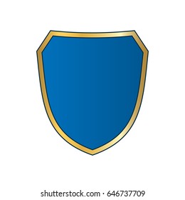 Gold-blue shield shape icon. Bright logo emblem metallic sign isolated on white background. Empty shape shield. Symbol of security, protection, defense. Shiny element design Vector illustration