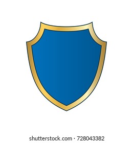 Gold-blue shield shape icon. Bright logo emblem metallic sign isolated on white background. Empty shape shield. Symbol of security, protection, defense. Shiny element design Vector illustration