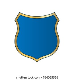 Gold-blue shield shape icon. Bright logo emblem metallic sign isolated on white background. Empty shape shield. Symbol of security, protection, defense. Shiny element design Vector illustration