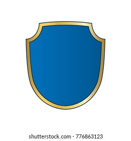 Gold-blue shield shape icon. Bright logo emblem metallic sign isolated on white background. Empty shape shield. Symbol of security, protection, defense. Shiny element design Vector illustration