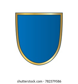 Gold-blue shield shape icon. Bright logo emblem metallic sign isolated on white background. Empty shape shield. Symbol of security, protection, defense. Shiny element design Vector illustration