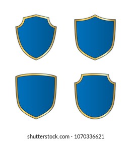 Gold-blue shield shape icons set. Bright logo emblem sign isolated on white background. Empty shape shield. Symbol of security, protection, defense. Shiny element design Vector illustration