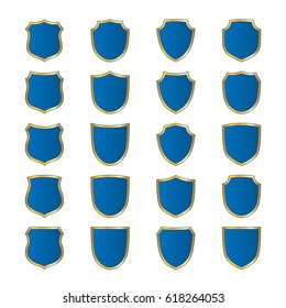 Gold-blue shield shape icons set. Bright logo emblem sign isolated on white background. Empty shape shield. Symbol of security, protection, defense. Shiny element design Vector illustration