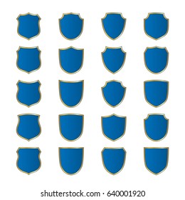 Gold-blue shield shape icons set. Bright logo emblem sign isolated on white background. Empty shape shield. Symbol of security, protection, defense. Shiny element design Vector illustration
