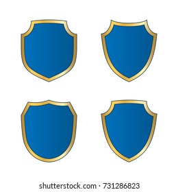 Gold-blue shield shape icons set. Bright logo emblem sign isolated on white background. Empty shape shield. Symbol of security, protection, defense. Shiny element design Vector illustration