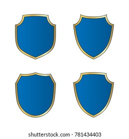 Gold-blue shield shape icons set. Bright logo emblem sign isolated on white background. Empty shape shield. Symbol of security, protection, defense. Shiny element design Vector illustration