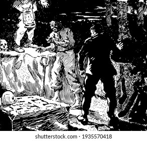 Gold-Bug, it has three men, two inside pothole one of them digging the pothole, one box with skull, outside standing man has lamp in his hand, vintage line drawing or engraving illustration