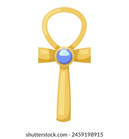 A gold-colored ankh cross with a blue gem, vector illustration on a white background, symbol of life. Vector illustration