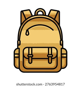 A gold-colored cartoon-style backpack with black outlines, suitable for educational or travel themes in marketing and advertising materials.