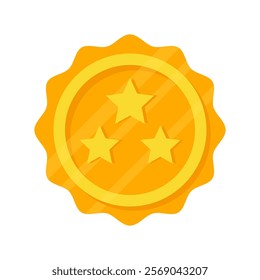 A gold-colored medal vector illustration with a wavy edge, featuring three yellow stars in a triangular arrangement. Ideal for representing achievement, excellence, and high ratings