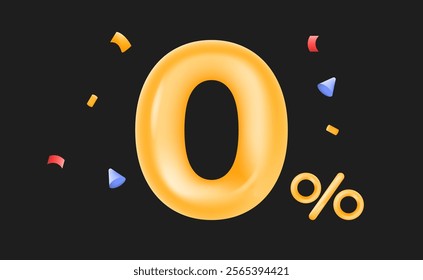 Golden 0% discount symbol with confetti Ideal for promotions, discounts, and zero-interest offers. marketing campaigns