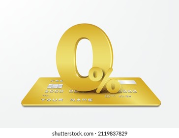 The golden 0% text is placed on the golden credit card for making advertising materials about reducing fees,vector 3d  isolated on white background for financial business concept design