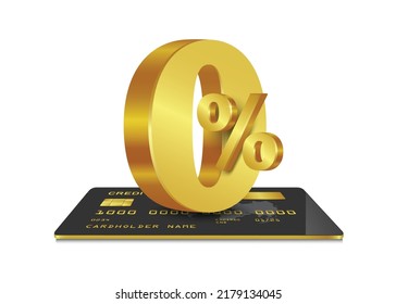 Golden 0% text is placed on a black credit card. To convey advertising promotions to reduce interest with 0% fee,vector 3d isolated on white background for business and financial concept design