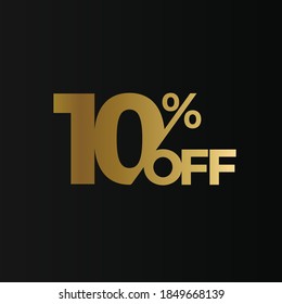 Golden 10 percent off flat cartoon style vector logo concept. 10 % sale isolated icon on black background. Ten percent discount for business. Vector illustration