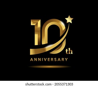 Golden 10 Year Anniversary Celebration Logo Design With Star Symbol