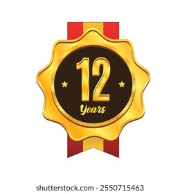 Golden 12 years anniversary badge with ribbon design. Gold medal badge emblem