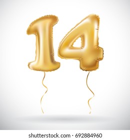 Golden 14 number fourteen metallic balloon. Party decoration golden balloons. Anniversary sign for happy holiday, celebration, birthday, carnival, new year. art