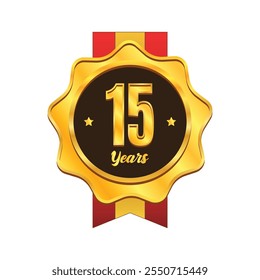 Golden 15 years anniversary badge with ribbon design. Gold medal badge emblem