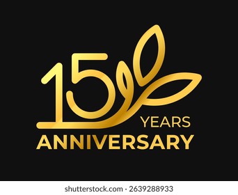 Golden 15th Anniversary Celebration Logo with decorative leaf ornament. Premium vector illustration