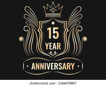 Golden 15th Year Anniversary Emblem Logo On Black Background.