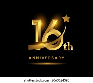 Golden 16 year anniversary celebration logo design with star symbol