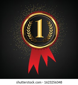 Golden 1st Place Badge and red ribbon.Gold Medal Vector,symbol for logo mock up about celebrate and winner,Realistic Gold medal style