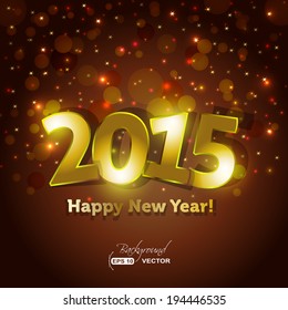 golden 2015 Happy New Year greeting card with sparking spot lights background