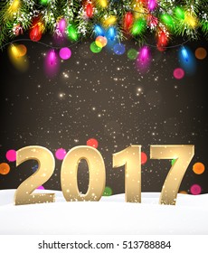 Fondo de Oro 2017 de Año Nuevo con luces de Navidad. Ilustración vectorial.