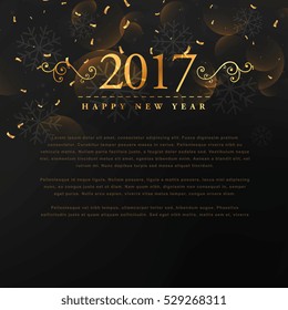 golden 2017 new year text with floral and conffetti on black background