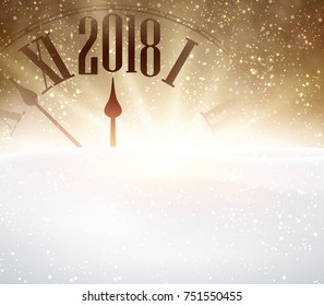 Antecedentes dorados de Año Nuevo 2018 con reloj y nieve. Ilustración vectorial.