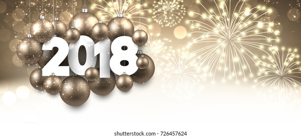 Golden 2018 New Year banner with Christmas balls. Vector illustration.