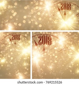 Golden 2018 New Year shining backgrounds set with clock. Vector Christmas illustration.
