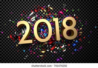 Golden 2018 New Year sign with colorful serpentine. Vector illustration.