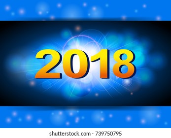 Golden 2018 New Years Over Glowing Blue Panel