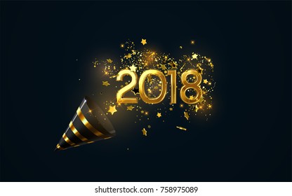 Golden 2018 numbers, party popper cone and glittering confetti isolated on black. Vector festive illustration. Holiday decoration with sparkling tinsel particles. Happy New Year