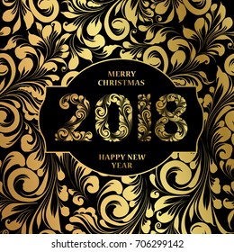 Golden 2018 sign inside label decoration on glitter over the black background. Vector illustration.